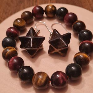 Tigers Eye Bracelet and Earrings Red Blue Brown Tigers Eye